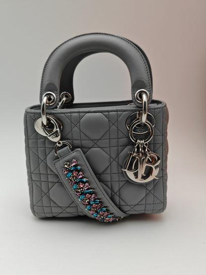 Christian Dior Lady Dior Mini in Grey Lambskin with Crystal-Embellished Strap