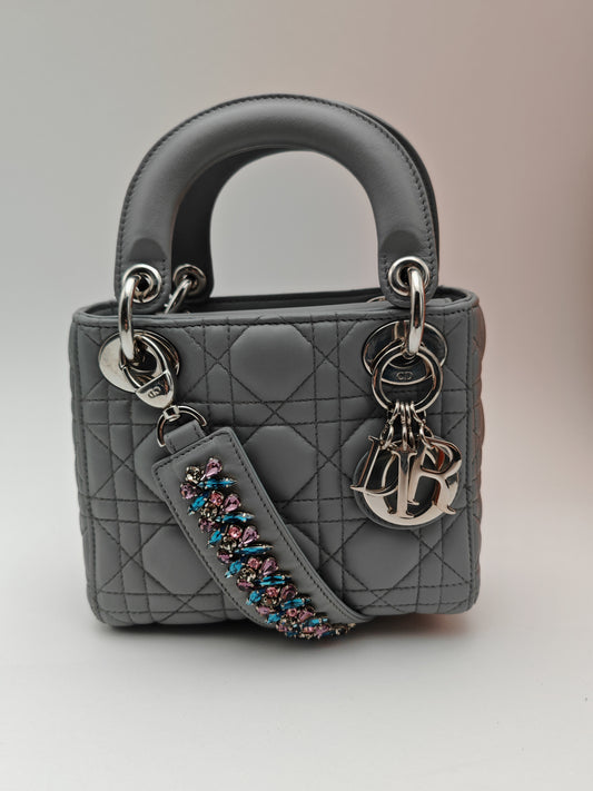 Christian Dior Lady Dior Mini in Grey Lambskin with Crystal-Embellished Strap