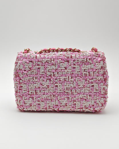 Chanel Mini Flap Bag in Pink Sequin Tweed with Gold Hardware.