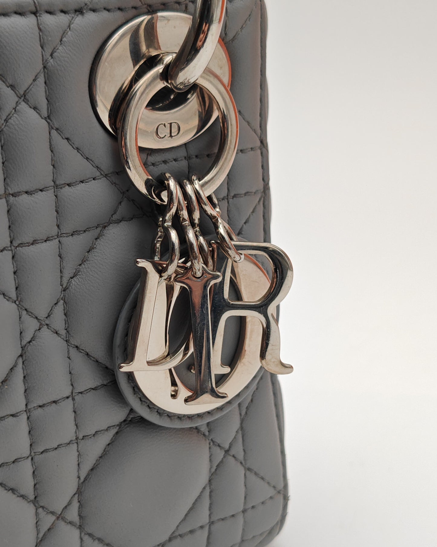 Christian Dior Lady Dior Mini in Grey Lambskin with Crystal-Embellished Strap