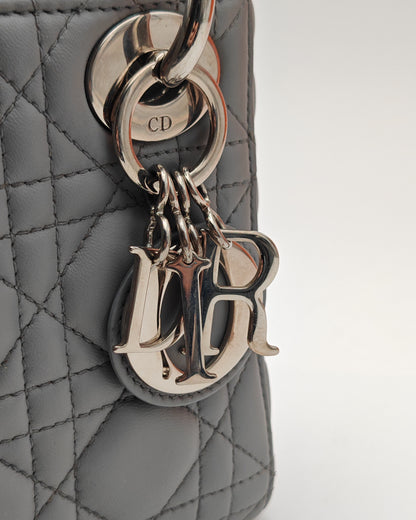 Christian Dior Lady Dior Mini in Grey Lambskin with Crystal-Embellished Strap