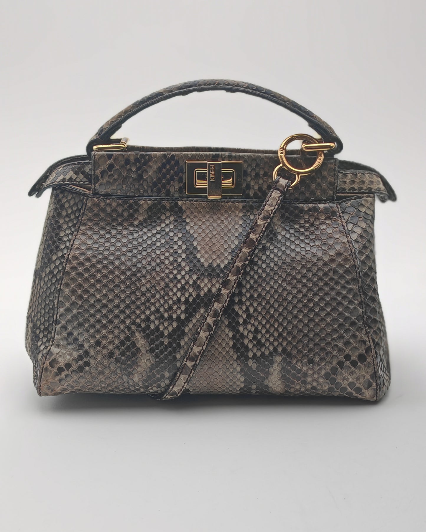 Fendi Mini Peekaboo Bag in Brown Python with Gold Hardware.