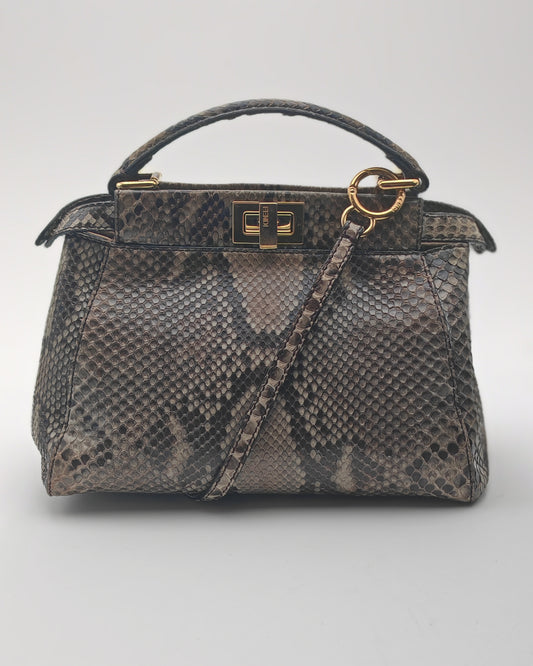 Fendi Mini Peekaboo Bag in Brown Python with Gold Hardware.