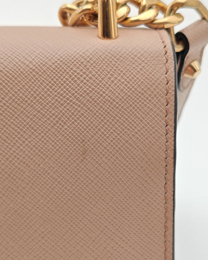 Prada Diagramme Envelope Shoulder Bag in Nude Saffiano Leather with Gold Hardware.
