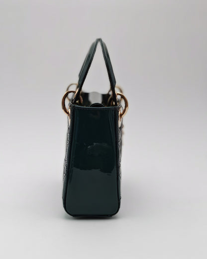 Christian Dior Lady Dior Mini in Deep Green Patent Cannage Leather with Gold Hardware