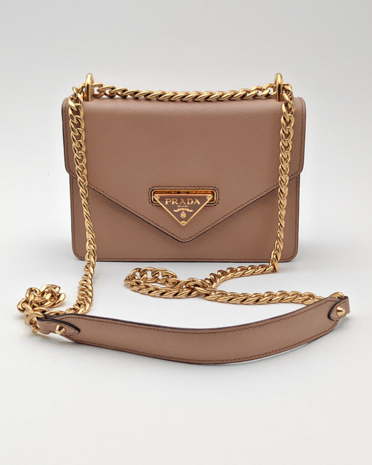 Prada Diagramme Envelope Shoulder Bag in Nude Saffiano Leather with Gold Hardware.