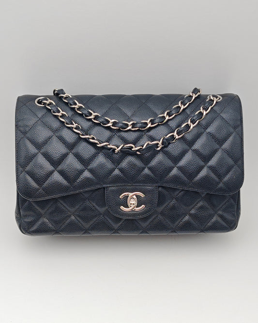 Chanel Classic Flap Bag – Jumbo Black Caviar Leather with Silver Hardware
