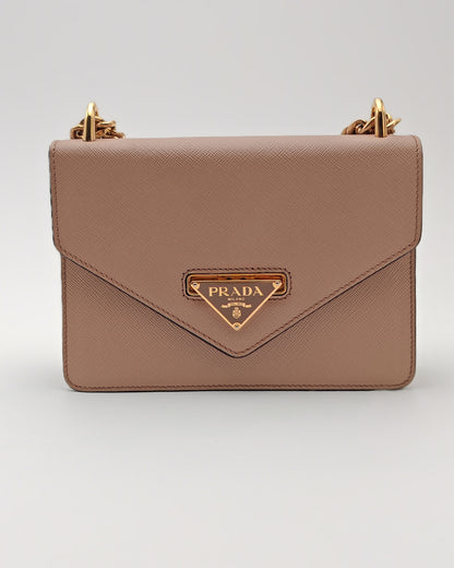 Prada Diagramme Envelope Shoulder Bag in Nude Saffiano Leather with Gold Hardware.