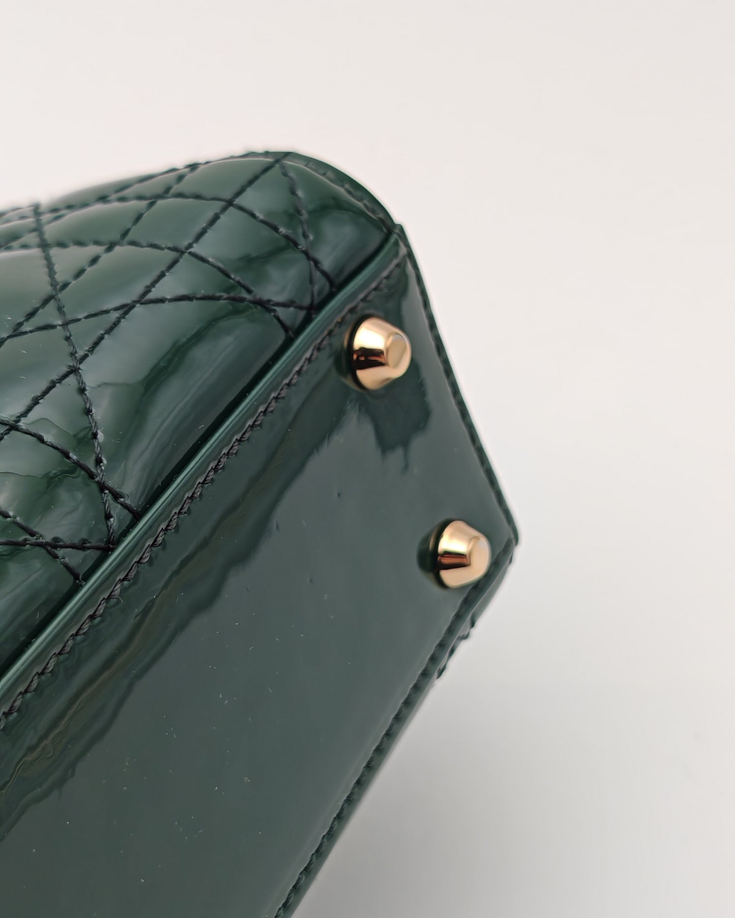 Christian Dior Lady Dior Mini in Deep Green Patent Cannage Leather with Gold Hardware