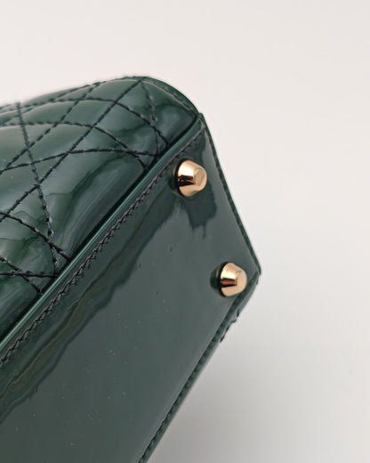 Christian Dior Lady Dior Mini in Deep Green Patent Cannage Leather with Gold Hardware